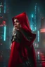 Placeholder: cyberpunk little red riding hood, big bad wolf, cyberpunk city background, hyperrealistic, cinematic lighting --v 3