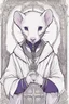 Placeholder: (anthropomorphic white ferret),dressed in ((cleric fantasy)) black and purple clothes with silver holy ornaments, realistic anatomy, holy symbols around, serious face, hold holy cross symbol, tired face, in the style of LOISH, look at the vivewer, blue eyes, cute face, 2d, ink lines, fantasy inspire, fantasy church on background with sunshine, gloomy atmosphere