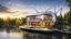 Placeholder: 2199. Innovative modern environmentally-friendly home, wind turbines, solar panels, water wheel in river, insulation, scientific experiment, home of the future, automated, spectacular, futuristic, beautiful lighting, attractive composition, photorealistic, extremely detailed, chiaroscuro