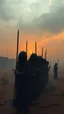Placeholder: Bosch painting style nightmare , 3D ,a group of prisoners slave in black tied together in line in a dramatic misty scene of the sunset time in a stormy weather in the desert background, high Quality picture , 8k