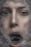 Placeholder: A realistic , 8k high quality image of a person's face from above, face is covered with a plastic, can't breath, suffocating with the face showing like vacuumed under the plastic, eyes open and looking in fear, metaphorically depicting the suffocating grip of anxiety, gothic and dramatic, chaos80 , with debree flying around, abstract