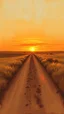 Placeholder: dusty dirt path with sunset in the prairies, old western, painting based on grainy photo, horizon at 1/3 from bottom, orange brown tones