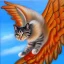 Placeholder: A flying cat with wings. Oil painting.