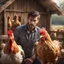 Placeholder: Hyper Realistic a chicken is beating a handsome-young-farmer from its beak inside a chicken coop with scared expressions on farmer's face few haystacks behind & feathers whirling dramatic & cinematic ambiance