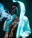 Placeholder: Ultra Realistic image, photo studio, medium shot view, a woman making the fuck off gesture with his finger, blue smoke coming out of his nose and mouth. Latex inflatable coat, soft color, highly detailed, unreal engine 5, ray tracing, RTX, lumen lighting, ultra detail, volumetric lighting, finely drawn, high definition, high resolution.