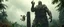 Placeholder: we see an enourmous giant man with ancient clothing. storm giant in wet jungle, throwing a terrified native man into a pillar
