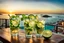 Placeholder: Two glasses of a mohito coctail beverage with lime are on a dining table on the balcony, overlooking a beautiful sea waterfront view. sunset, warm lights, harmonic calm mood, highly detailed, high contrast, perfect lights, masterpiece