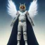 Placeholder: The first image is of the main character's full body. He’s to look like a powerful angel, symbols on his hands glowing, His background should be that of space above with stars and standing on a paradise of a planet. His belt can transform into a white dragon.