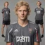 Placeholder: 85mm DSLR color photography of a very detailed headshot fitting all of head and hair in frame. 22-year-old Germen soccer player, with blonde hair color and no facial hair and with a small smile, grey background