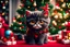 Placeholder: fluffy big eyed kitty sith lord and detailed Christmas tree with red and gold trimmings, beautiful star on top of tree, gifts underneath tree, toys underneath tree