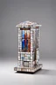 Placeholder: Minimalistic solid porcelain swarovski crystal and stained glass mixed media miniature sculpture of vacant and empty street commercial walk-in kiosk on legs, circa 2000, covered with mosaic, in a contemporary urban art gallery context, 7 centimeters height, semi-height wide shop windows and door, small square window for cash in facade, flat roof, one-story, one-room. Inspired by Bruno Munari, Benetton, gestalt theory, geometry of Castel del Monte, metamodernism and purism.