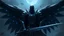 Placeholder: An aasimar knight with black wings, no helmet. He has big dark armour with blue lights. He also has a big longsword.