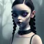 Placeholder: jenna ortega, wednesday addams hair style, wednesday make up, wednesday addams black dress, cinematic, wednesday style, hyper detail, 8k resulation