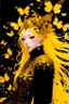 Placeholder: style of Yoshitaka Amano ~ Butterfly Empress, long huge flowing gold hair, yellow eyes. dressed in a cosmic gold plated Armor made of gold butterflies. standing in a room made of butterflies. surrealist. Shades of luminous black and yellow piercing shadow, reminiscent of Beuys and Qian Xuan.