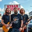 Placeholder: 3 swedish Jesus like men in a rockband standing on a busy street wearing a t-shirt and instruments. a kebab brothers t shirt, with a kebab brothers logo, KEBAB BROTHERS tattoo in forehead, KEBAB BROTHERS Sign in background, Kebab brothers store, Kebab Brothers sign on cars, Kebab Brothers cloud in the sky