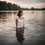 Placeholder: photography of a beautiful anorexic woman, standing in lake water, white top, yoga flyer, brunette short wavy bob haircut, serenity, misty, relaxing image