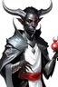 Placeholder: En Young male black skin black hair tiefling Wizard with large horns fra dnd. a book with Arcane Magic floating in front of him. in a silver and White Rope and a silver cloak. His horn a perfectly place on acet from the front to the back pointing upwards with glowing Red cat Eyes. His close is elegant get simple. Holding an ice Crystal in his Right Hand