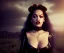 Placeholder: Rita ora, 1800s, vampire, fangs, long curly black hair, choker, black rose, Victorian dress, headdress, blood, castle