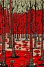 Placeholder: A red savanna with tall trees designed in Matryoshka dolls painted by Jean Dubuffet