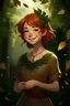 Placeholder: Smiling, Girl, 20 years old, Druid, Magic, Leaf dress, ginger, short hair, plain background