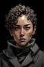 Placeholder: Portrait of a young female with short curly hair, horn on her forehead. Include gray eyes, with a tan skin complexion. Draw the portrait in the style of Yoji Shinkawa.