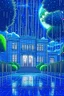 Placeholder: A beautiful empty school, its color is a mixture of blue and white, heavy rain, green trees, beautiful and wonderful roses, in addition to the appearance of the moon and snowfall, accurate and strong details style anime