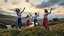 Placeholder: a group of young ladies in sports pants and blouse are dancing to camera in high grassy hills,a small fall and river and wild flowers at river sides, some village house,cloudy sun set sky