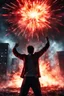 Placeholder: Young man standing, with arms raised, in front of an exploding building at night, with red auras around him