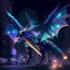 Placeholder: robotic eastern dragon with glowing accents and holographic wings at night time in a city