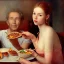 Placeholder: A girl eating a meal with her older lover who is having an erection