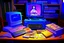 Placeholder: retro anime style, serious 1990s OVA anime style, retro tech on a desk, Magneto-optical disk, floppy disk, Hard disks, ram, VHS, Retro pc, slight watercolor, no humans