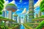 Placeholder: detailed alien cityscape, buildings with balconies, tracks, roads, paths, river, trees, dense foliage, blue sky, white clouds