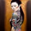 Placeholder: dibujo al oleo de cuerpo entero de una mujer yakuza con tatuajes y con katana estilo Gustav Klimt