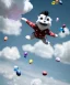 Placeholder: Ultra realistic speed clouds sky scene, wide angle view, child falling down with many Children background, inflatable monsters, circus dress style, feather color, free jumping flying, many trinkets, hair monster, many jelly beans, balls, color smoke, smile, happy, extreme, wind, clouds sea, 20,000 feet altitude, stratosphere, soft color, highly detailed, unreal engine 5, ray tracing, RTX, lumen lighting, ultra detail, volumetric lighting, 3d, finely drawn, high definition.