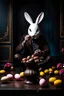 Placeholder: horrori figure in rabbit mask sitting on the floor and eating chocolate around chocolate eggs, brocken vase with flowers, volumetric light, dark colors, surreal dark mood