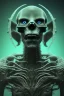 Placeholder: green alien, head, evil, black eyes, weapons, blood, 8k, finely detailed, photo realistic, HR Giger style turquoise skull head red Mohak alien moon skeleton sombrero blackground