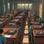 Placeholder: faceless students hunched over desks on large conveyor belt, incredible intricate detail, hyperreal digital art, concept art, deep colors, moody, dramatic, depth of field