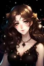 Placeholder: Anime portrait of a beautiful elf with brown curly hair, pale skin, and black eyes, ridiculously giant breasts, wearing a black dress made of stars with an hourglass necklace around her neck.