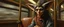 Placeholder: master oil painting by Rembrandt, scary ai sami grey fox gremlin woman on buss , motion blur background
