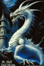 Placeholder: 70s dark fantasy art, illustration of a white dragon in a castle