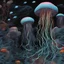 Placeholder: a 3d painting of jellyfish with colorful fish and clouds, in the style of dark and chaotic, light black and light aquamarine, animated gifs, site-specific works, gossamer fabrics, flickr, fluid and gestural --ar 35:52