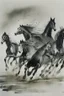 Placeholder: 8 horses running on meadow as black ink watercolor chinesse paintin art