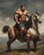 Placeholder: a big muscle man sitting on a horse in hills like a 19th painting