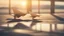 Placeholder: photo realistic, paper planes landing on airport, dawn light