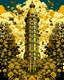 Placeholder: giant tower, with beautiful bees flying around, in shephard fairey style graphic, urrounded by golden leaves, sharp detailed graphic, garden background with blue sky and white clouds.