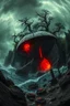 Placeholder: in the style of Fisheye lens. detailed close-up concept art of a Lovecraftian horror, chthon island featuring a decaying a ufo starship red light Focus on gnarled trees around rocky cliffs, with the a ufo starship showing deep cracks and glowing substance oozing from them. Include hints of nightmarish creatures beneath turbulent waters. The stormy sky casts an eerie and green glow, with shipwreck debris and ancient ruins scattered on the shore to emphasize the sense of dread and abandonment