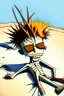 Placeholder: 2d drawing of a stickman, cool with punk hair, x eyes like in hangman, no shirt, swim pants, laying down, tanning in the sun, 3d realistic in colour