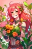 Placeholder: Anime girl with pink and red hair, smiling with a plant themed superhero costume that reveals some skin with flowers in the background, holding a whip with flowers, with a pink mask flowers on it