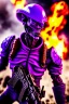 Placeholder: an epic 12k,ultra high definition , digital photo of a scary looking alien, purple colored alien, angy and rising from the ashes, a war veteran, army beret , captain rank, ripped and torn ammo clothing, chaotic fiery and dust background, dramatic close-up action shot of him behind the machine hand gun on the burned out war tanker,gothic and sinister