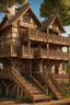 Placeholder: large medieval wooden treehouse, with a balcony, and a cobbled road going through the middle, in a wood, photo-realistic